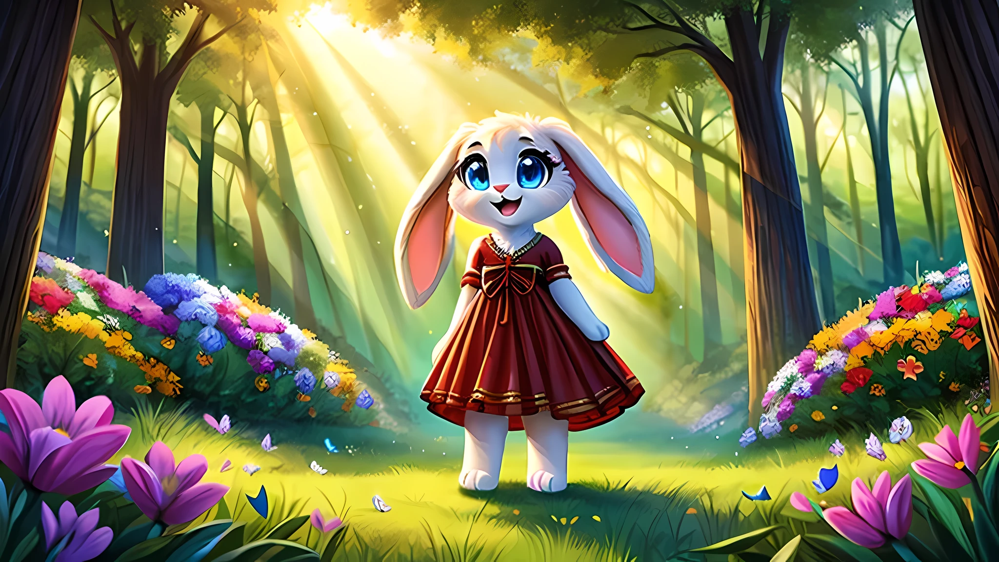 zoomed out image, ((solo character)), semi-realistic, cute style art, fantasy style art, cute, adorable, short character, small, tiny little fluffy female white bunny with blue eyes, 4 ears, 2 extra ears, big floppy ears, long ears, ears perked up, raised ears, long eyelashes, poofy rabbit tail, wearing a red frilly ribbon dress, smiling, standing in a thick green forest, realistic forest, soft tones, big expressive smile, open mouth, wide eyes, excited eyes, excited face, looking at the scenery, looking at the trees in wonder, exploring happily, stunning visuals, sunlight coming through the trees, flowers scattered in the bushes, butterflies in the air, digital illustration, sharp lines, clear focus