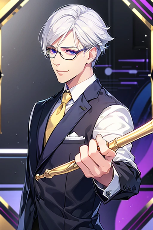 Short_silver_hair, hair_back_side, small_bangs_on the sides, 1adult_man, really_purple_eyes, beautiful_and_detailed_eyes, nice_smile, dress, white_business_suit, holding_a_silver_cane_with_gold_handle, detailed_hands, wearing_white_glasses, better_quality, HD_quality