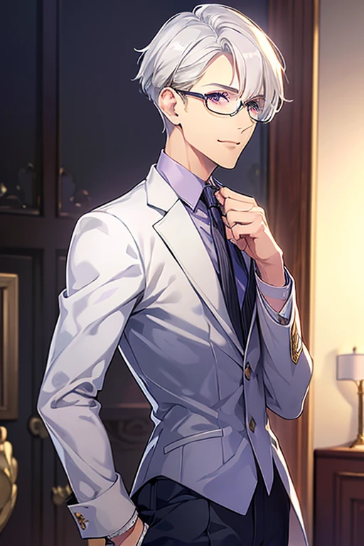 Short_silver_hair, hair_back_side, small_bangs_on the sides, 1adult_man, really_purple_eyes, beautiful_and_detailed_eyes, nice_smile, dress, white_business_suit, holding_a_silver_cane_with_gold_handle, detailed_hands, wearing_white_glasses, better_quality, HD_quality