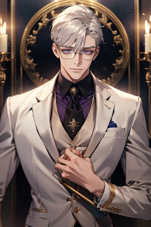 Short_silver_hair, hair_back_side, small_bangs_on the sides, 1adult_man, really_purple_eyes, beautiful_and_detailed_eyes, nice_smile, dress, white_business_suit, holding_a_silver_cane_with_gold_handle, detailed_hands, wearing_white_glasses, better_quality, HD_quality