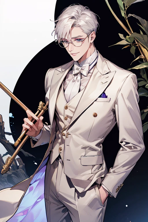 Short_silver_hair, hair_back_side, small_bangs_on the sides, 1adult_man, really_purple_eyes, beautiful_and_detailed_eyes, nice_smile, dress, white_business_suit, holding_a_silver_cane_with_gold_handle, detailed_hands, wearing_white_glasses, better_quality, HD_quality