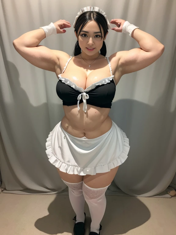 ((Great quality,Great quality,high quality, very beautiful,beautiful, 最high quality, Realistic)),Low - Angle,((Maid)),,Short sideburns,Forehead, Long twintail, ((maid headdress)), Strong legs, {White knee socks}, Frilled knee socks,Detailed body,photograph,Shadow,3D, {{White elbow_gloves)),{Maidビキニ}, {Covered navel},{Short waist apron},black and white costume,Obedient,texture,Idol Pose,smile,{Navel exposed}, View your viewers, ((Transform your clothes, dance,thank you, 最high quality, Great quality, very beautiful, Absurd))、(Perfect beautiful face 1.2),(anger),Flushed Cheeks,Heavy breathing,(Perfect and beautiful posture:1.2),(40 year old beautiful Japanese woman),(Mature Woman),(face with makeup),bodybuilder,((Huge breasts)),Big Ass, (thick muscular body),(Black Hair),(Embarrassed face),(Sweating all over the body:1.2),(Excessive sweating from the armpits:1.3),超高解像度のphotograph,Looking at the camera,(Stand facing forward),(full body),