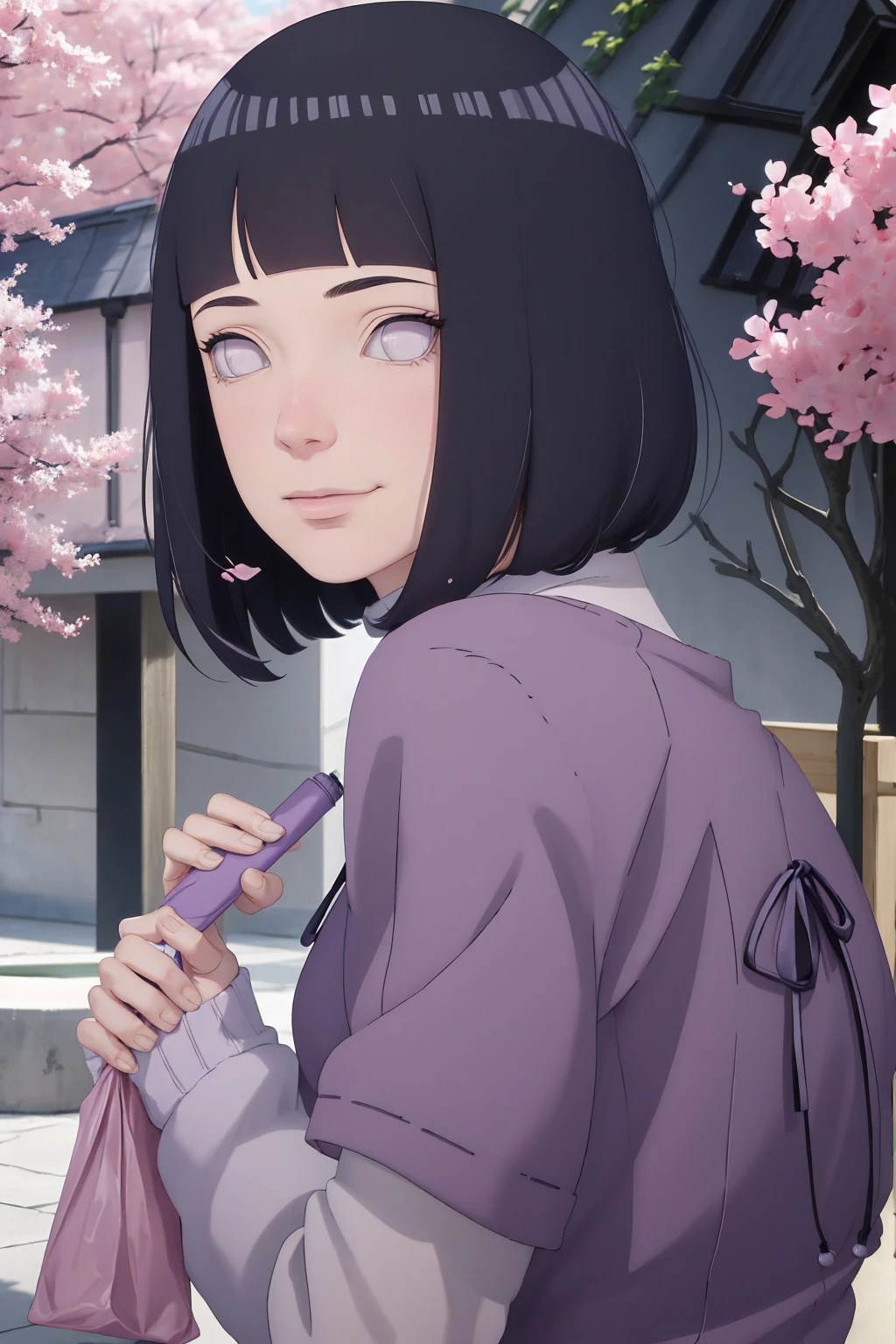 Meisterwerk, absurdres, Hinata\(Boruto\), 1girls, nur,reifes Weibchen, lila Kapuzenpullover,layered sleeves, braune Hose, al fresco,Lavendelblütenfeld, Blick auf den Betrachter, (falling petals), overcast sky, Perfekte Komposition, Detaillierte Lippen, large chest, Beautiful face, Body Propotion, flush, (rosa Lippen), Lange Haare, lila Augen, Sanfter Blick, sad smile, Super realistisch, Detailliert, Fotoshooting, Realistic face and body, Realistisches Haar, Realistische Augen, realistische Nase, Realistische Lippen, backwards, looking back, portrait