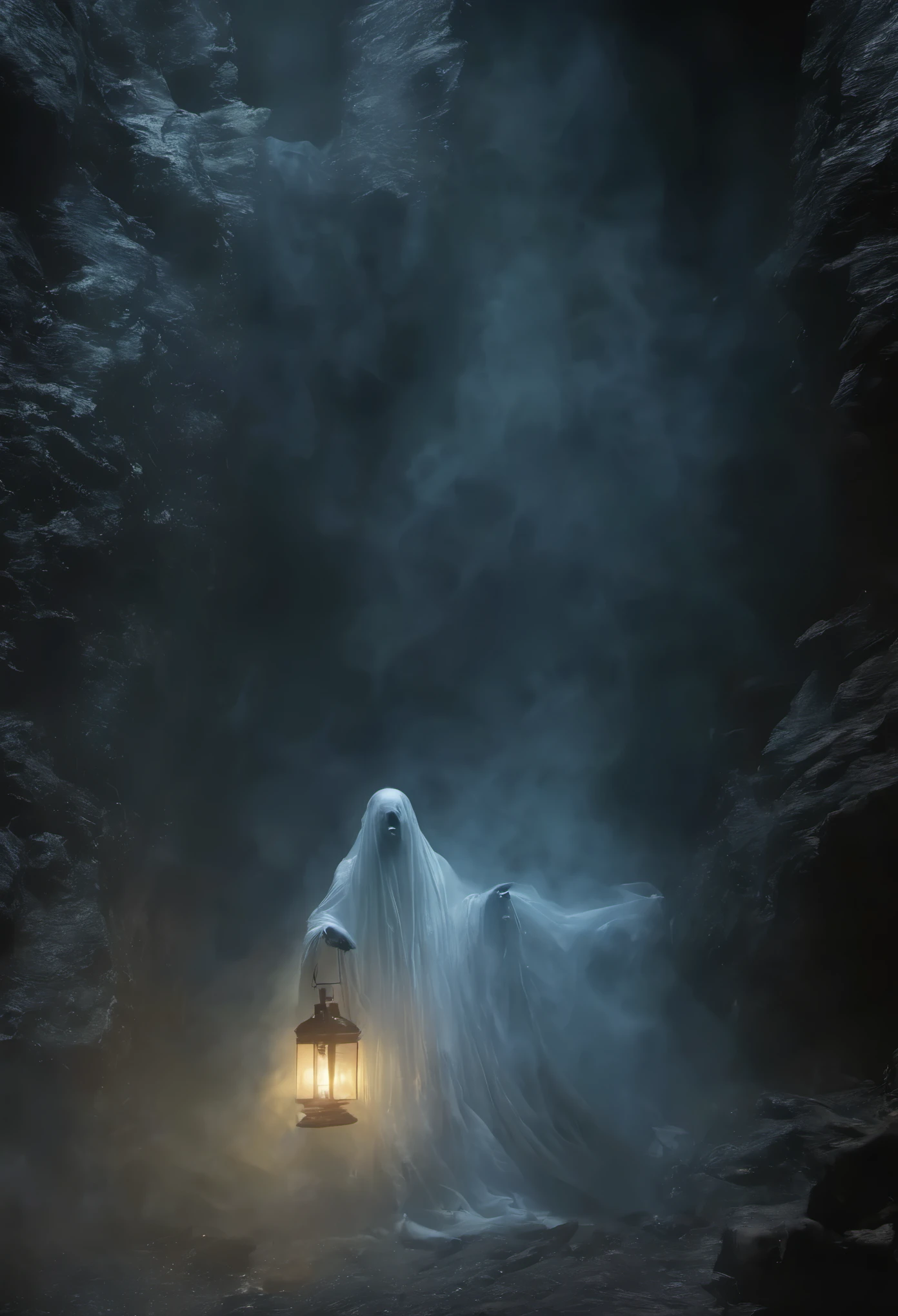 ((8k, Very high resolution, masterpiece))), Generate high-resolution images of ghosts, A malevolent soul，Wandering among the people，Find the soul to take. The ghost will appear in a hidden form, His face was covered with a red cloth，The body is enveloped in an ethereal, Ghost Fog. The ghost must be holding a flashlight that emits spectrum light, He uses it to guide souls he deems unworthy of rest，Until their final destination. The lantern hangs in one of his hands，Wrapped with a barbed chain, As he points to the audience，Must swing under his outstretched arms. The background should be dark and scary, Depict ghosts as harbingers of death and despair. The background is icy, Pitch-black cave, The light is weak, Flash light mainly from the spectrum. Colors should be muted yet threatening, Focus on red and blue. Use stable diffusion to ensure that the resulting images are visually consistent and coherent, Rich in details，Full of realism.