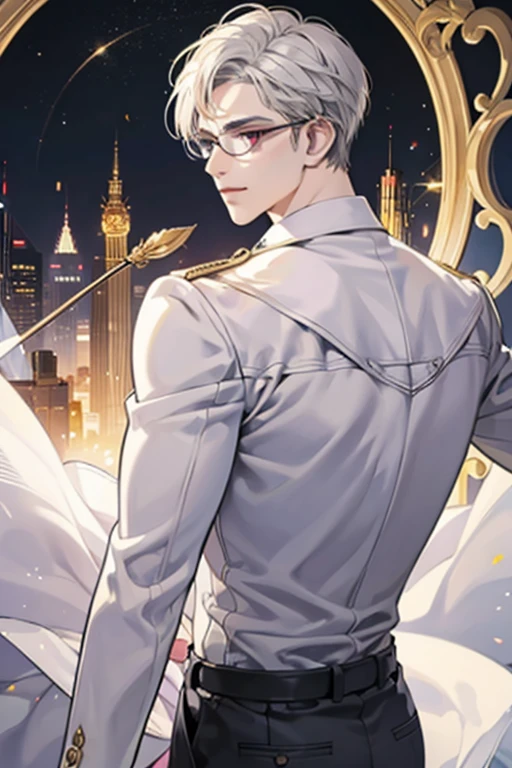 Short_silver_hair, hair_back_side, small_bangs_on the sides, 1adult_man, really_purple_eyes, beautiful_and_detailed_eyes, nice_smile, dress, white_business_suit, holding_a_silver_cane_with_gold_handle, detailed_hands, wearing_white_glasses, better_quality, HD_quality