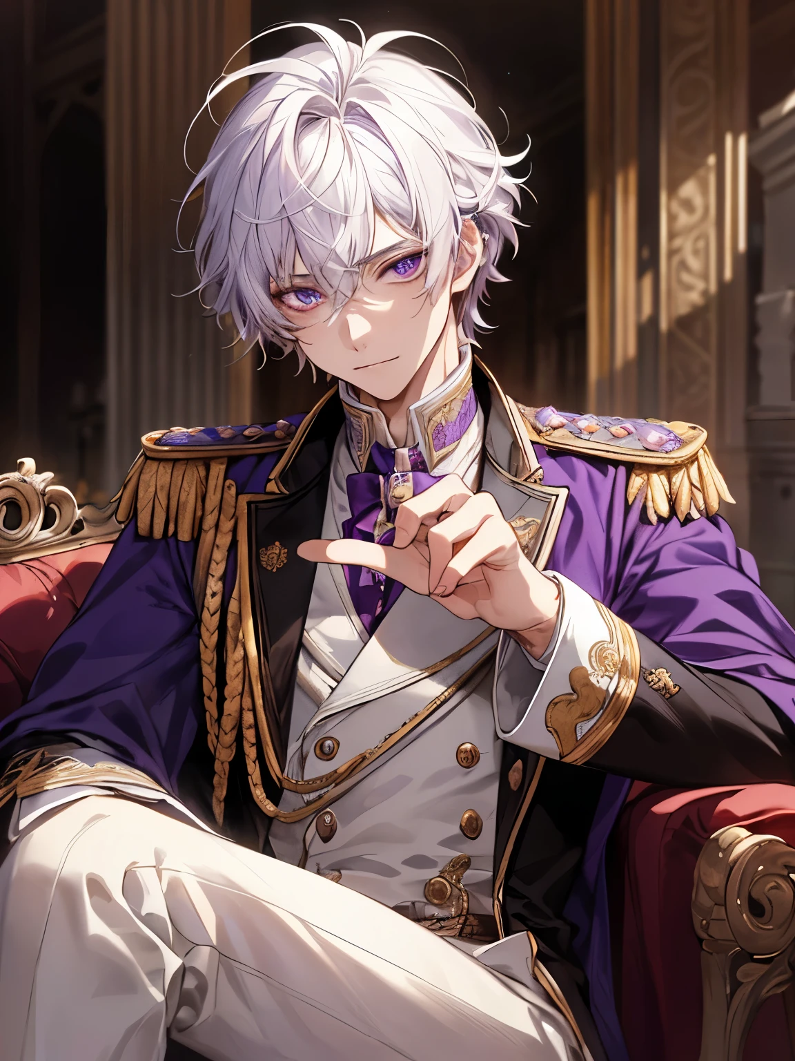 young male teenager, Sitting, in the palace,ultra detail, Ultra HD, masterpiece, best quality,purple eyes, white hair, medium hair,messy hair,Prince's uniform,close up photo