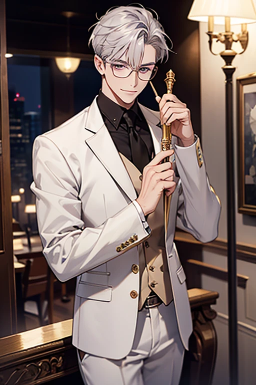 Short_silver_hair, hair_back_side, small_bangs_on the sides, 1adult_man, really_purple_eyes, beautiful_and_detailed_eyes, nice_smile, dress, white_business_suit, holding_a_silver_cane_with_gold_handle, detailed_hands, wearing_white_glasses, better_quality, HD_quality