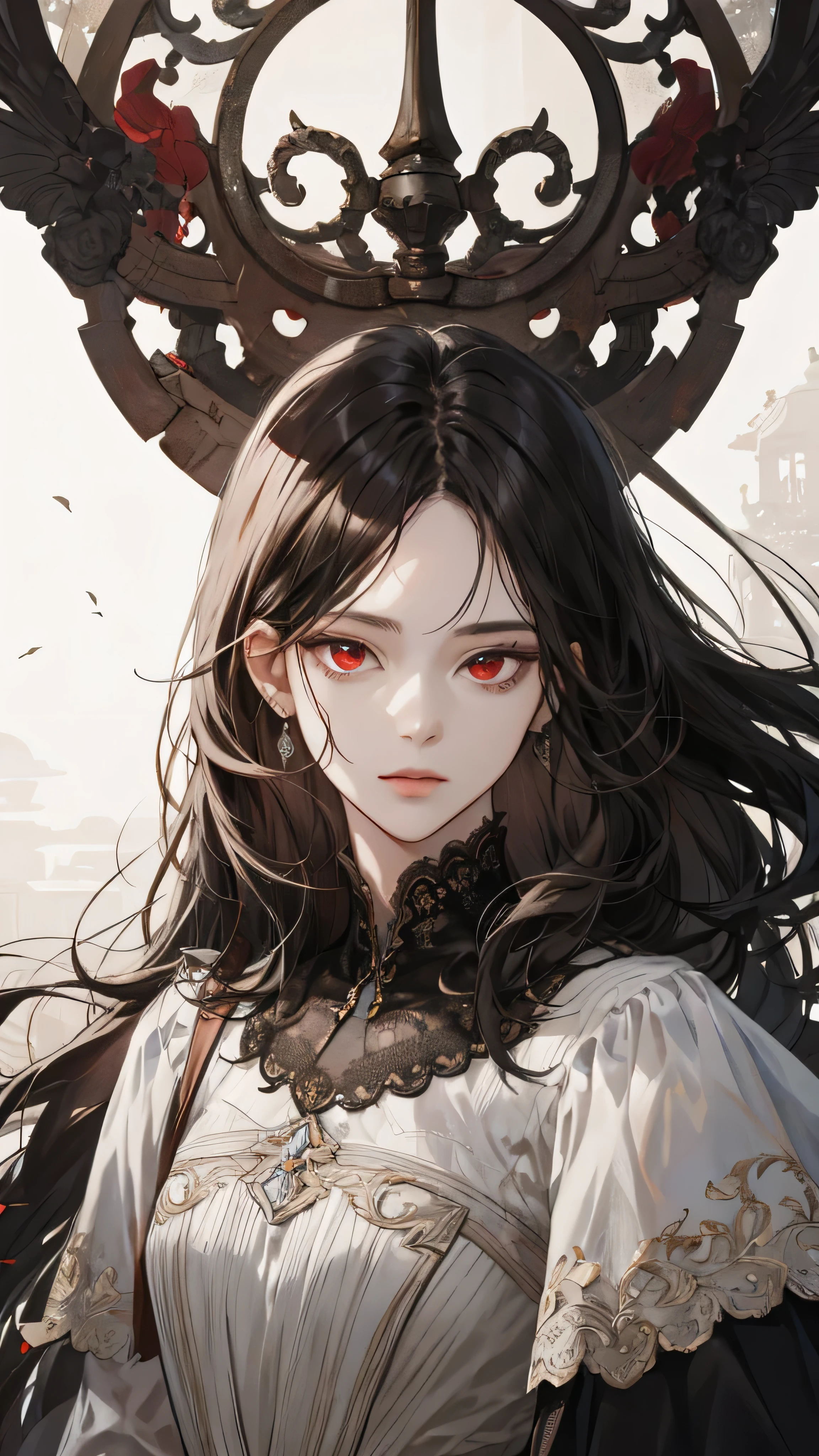(extreamly delicate and beautiful:1.2), 8K,(masterpiece:1.0),(best_quality:1.0), 1girl, and intricate detailing, Enlarged textures, and intricate detailing, finely eye and detailed face, and intricate detailing, shiraga, black long hair, cool face, (closed mouths), Perfect eyes, Equal eyes, Red eyes, long white noble dress, from above, see the view, Hold cheek, cynical attitude