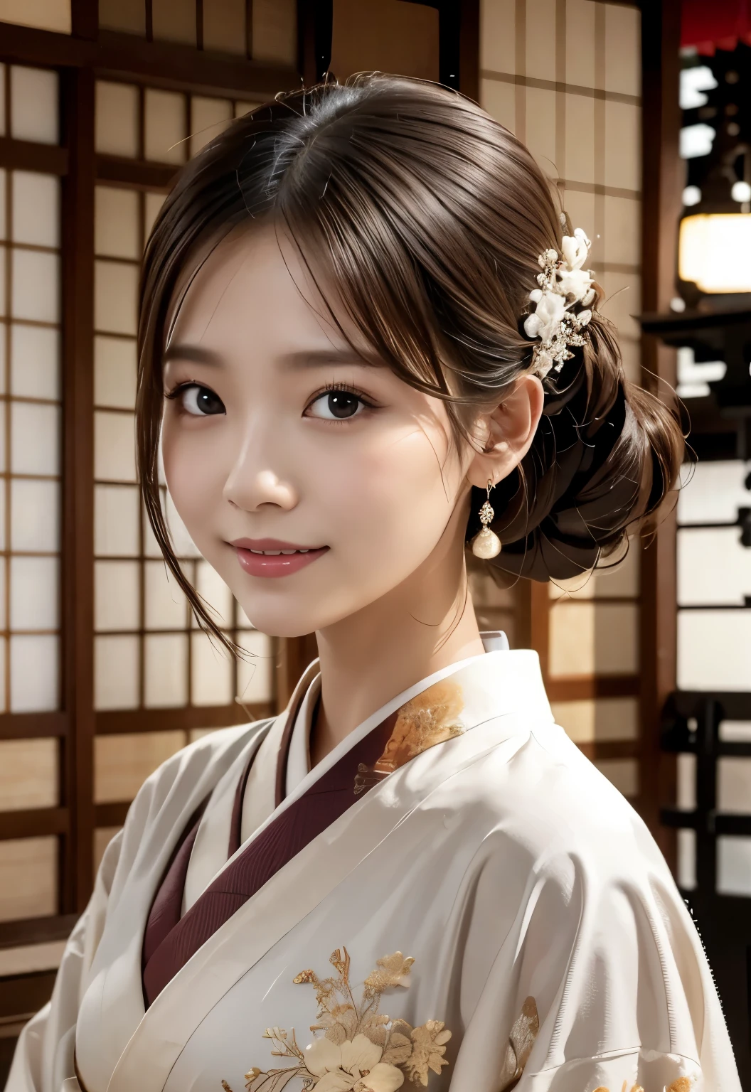 (masterpiece, best quality:1.1), (8k, raw photo, photo realistic:1.2, f22), (shiny skin), detailed skin,Chignon,detailed face, detailed eyes,smile,BREAK, real world, intricate details, smil, BREAK, 1girl, (kimono), BREAK, (kyoto:1.4), BREAK