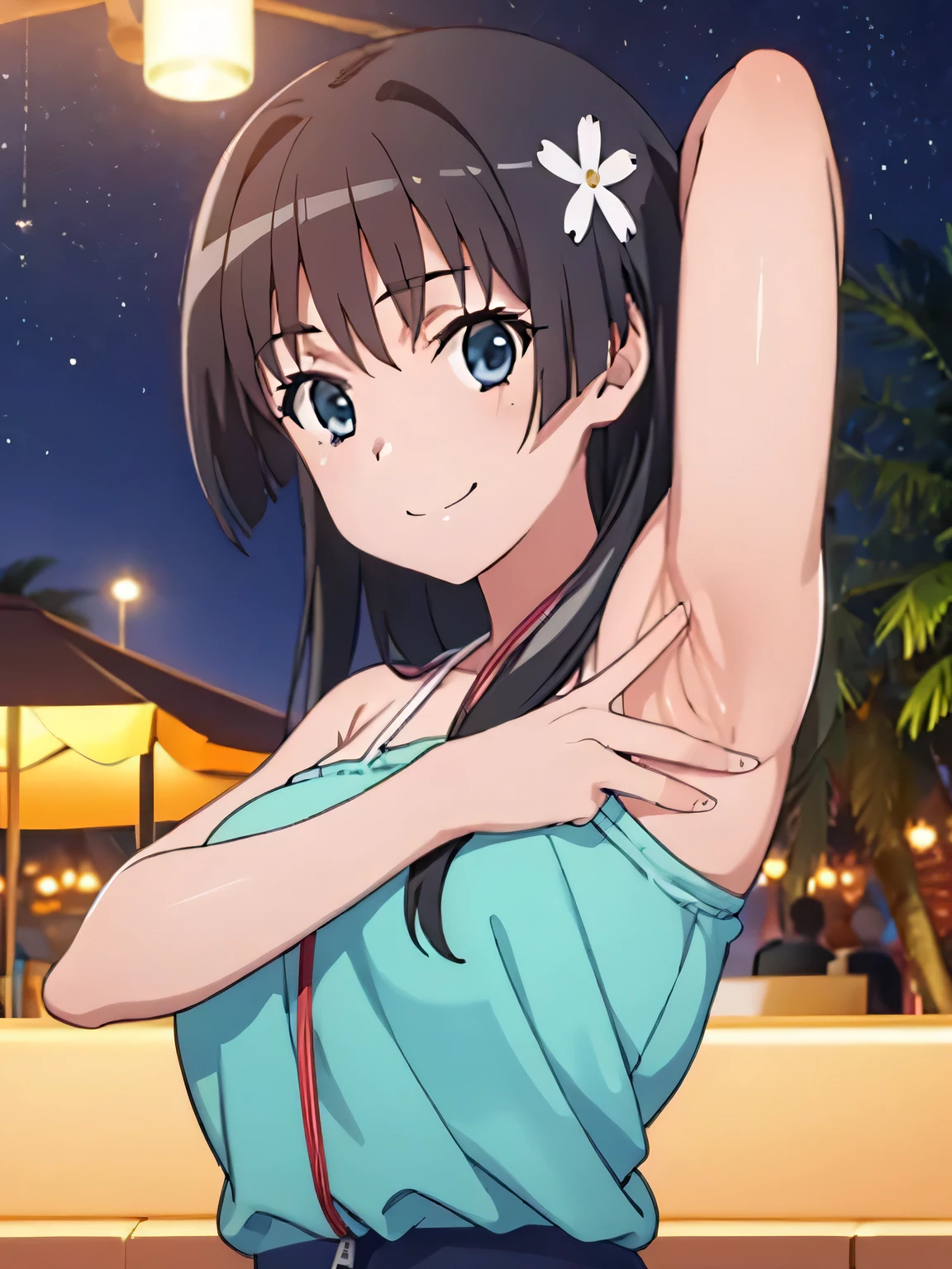 (((pixel-perfect, detail-perfect))), solo, 1girl, saten ruiko, sakugawa , solo, upper body, night sky, beach, arms behind head, contrapposto, smile, spread armpits, closed mouth, looking at viewer,