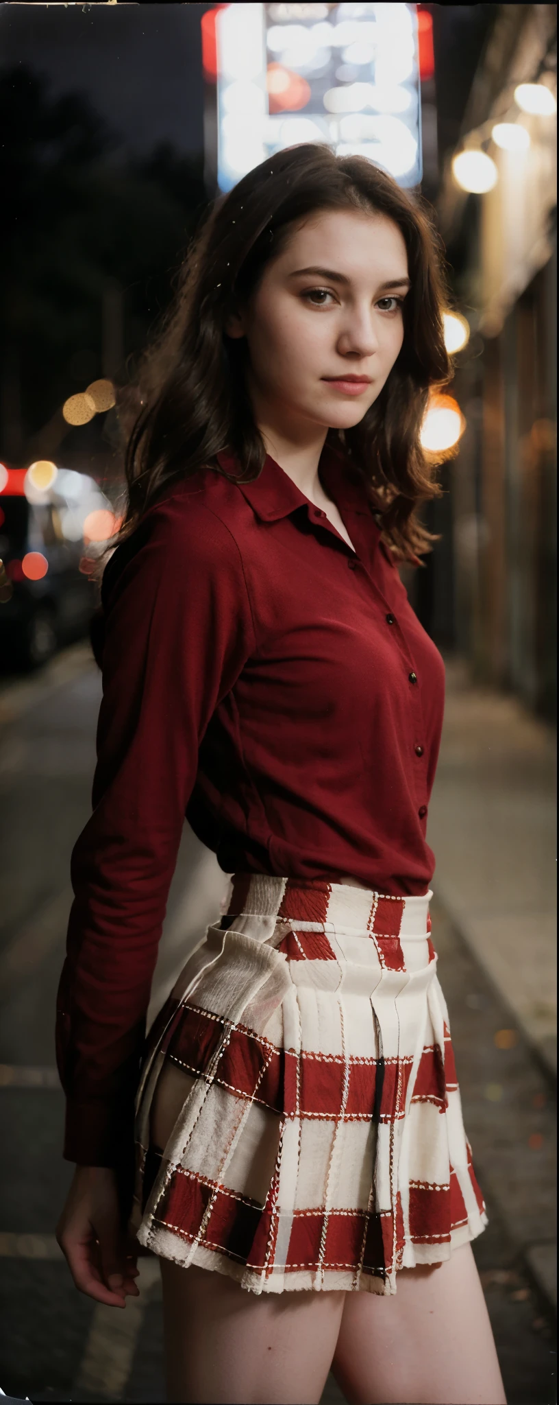 polaroid photo, night photo, photo of 24 y.o beautiful woman, pale skin, bokeh, motion blur, half body shot crochet pattern, red collared shirt, long sleeves, red plaid skirt