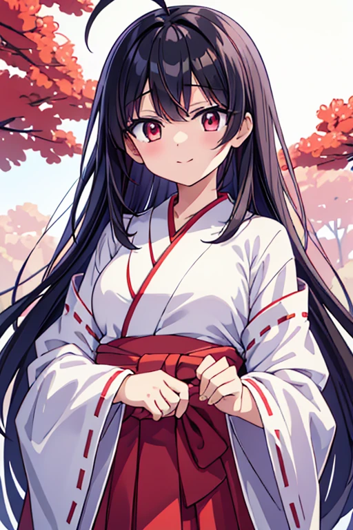 highest quality　High resolution　Anime style illustrations　simple　Shrine maiden服　Long Bangs　Ephemeral beautiful girl　A gentle beautiful girl　Drooping eyes　Low outer corner of the eye　clear　Baby Face　beautiful　Adult female　Anime style illustrations　Shrine maiden　Loose expression　cute　smile　scarlet hakama　Beautiful eyes　Red eyes　One Woman　Long side hair　Very black hair　Shiny long hair　Straight Hair　Ahoge　Wide sleeves　Long hem　cute目　White background