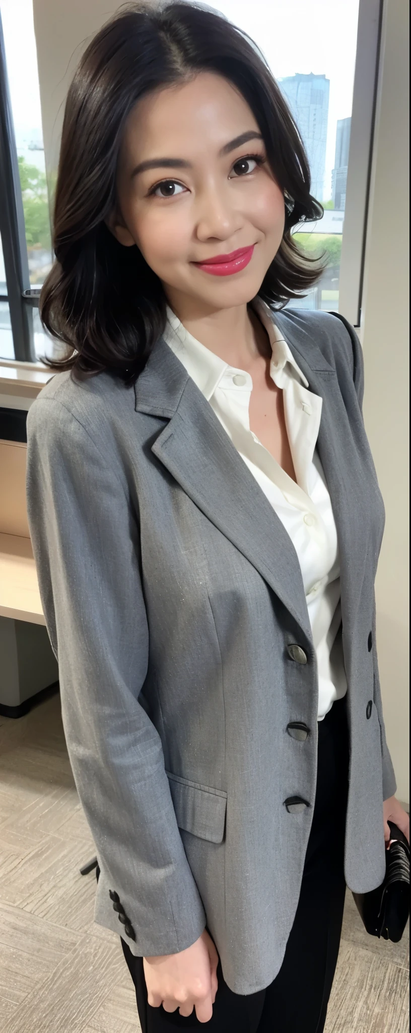 masterpiece,best quality, (1 milf), ((full body:1)), glare, gray blazer, white shirt, double eyelid, eyelash, lip gloss, (smile:1), ((point to own chest:1)), ((Looking at Viewer)), RAW, ((in nobody office)),