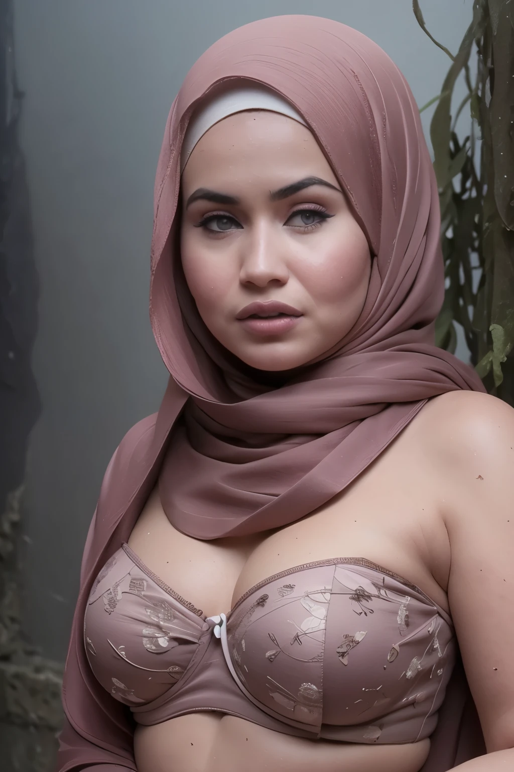 ((Chubby:1.4)), ((HIJAB)), WEARING STRAPLESS PATTERN FLORAL BRA, (Best Quality, hight resolution, Realistic:1.37), The Frightened Woman, pixie cut, sickly, Swamp environment, standingn, Distressed flared satin, cloudy water, Sinking Feeling, gloomy atmosphere, Foggy surroundings, dark shadows, A Surreal Touch, soft-lighting, creepy ambiance, can't cope with shame, half body, Being in the middle of a very creepy and dark city