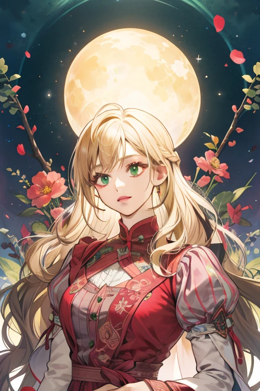 (absurdres, highres, ultra detailed), 1girl, mature female, wavy blonde hair, long hair, blunt bangs, green eyes, pink dress, finely detailed eyes and detailed face, extremely detailed CG unity 8k wallpaper, intricate details, BREAK , kaleidoscopic imagery, symmetrical patterns, vibrant colors, geometric shapes, mesmerizing designs, optical illusions, dynamic composition BREAK , pantomime art, expressive body language, silent storytelling, evocative gestures, visual narratives, theatrical performances BREAK , blooming flowers, colorful petals, fragrant scents, nature's bounty, vibrant gardens, peaceful scenery