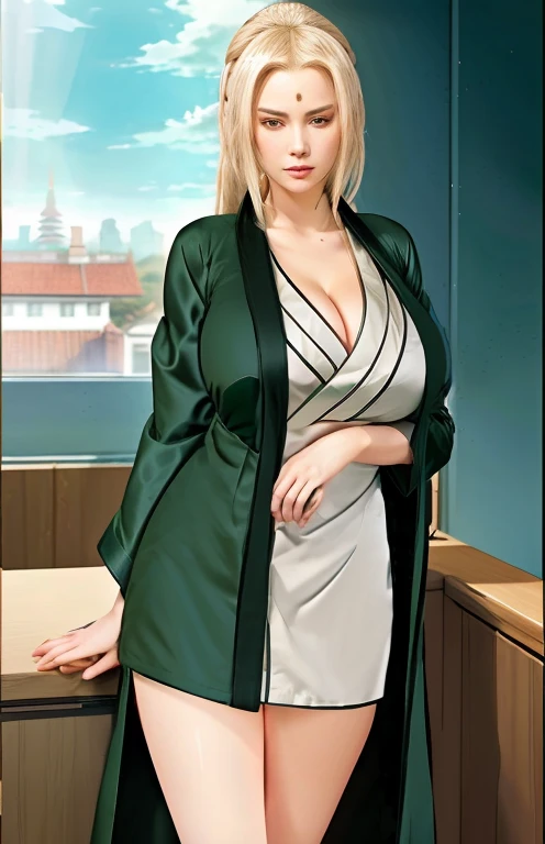 Tsunade in a green coat and white dress standing in front of a window, ((wearing aristocrat robe)), wearing a simple robe, dressed in a green robe, dressed in a robe, in a kimono, in robes, huge breast, realistic, very beauty detailed,