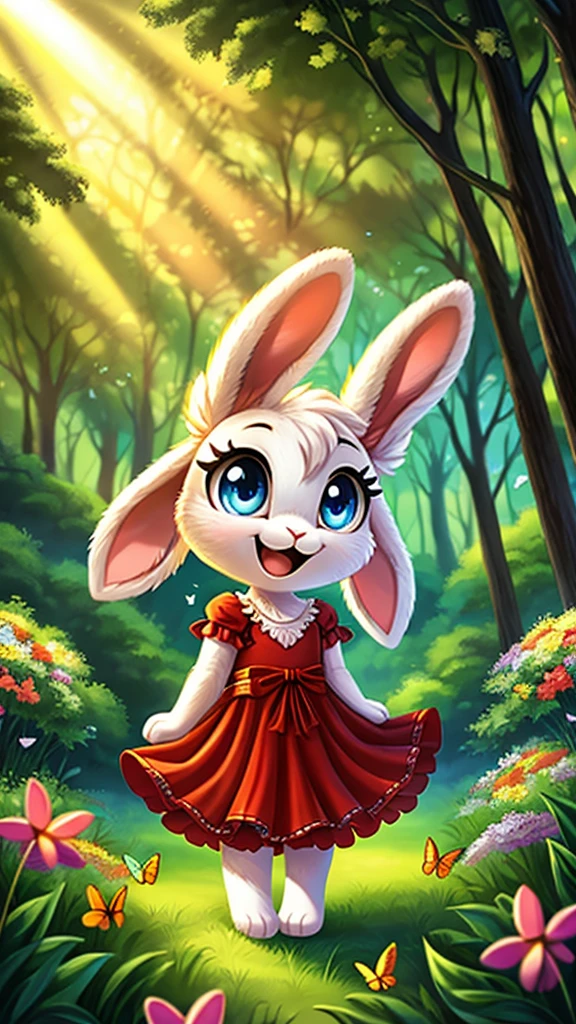 zoomed out image, ((solo character)), cute style art, fantasy style art, cute, adorable, short character, small, tiny little fluffy female white bunny with blue eyes, 4 ears, 2 extra ears, big floppy ears, long ears, ears perked up, raised ears, long eyelashes, poofy rabbit tail, wearing a red frilly ribbon dress, smiling, standing in a thick green forest, realistic forest, soft tones, big expressive smile, open mouth, wide eyes, excited eyes, excited face, looking at the scenery, looking at the trees in wonder, exploring happily, stunning visuals, sunlight coming through the trees, flowers scattered in the bushes, butterflies in the air, digital illustration