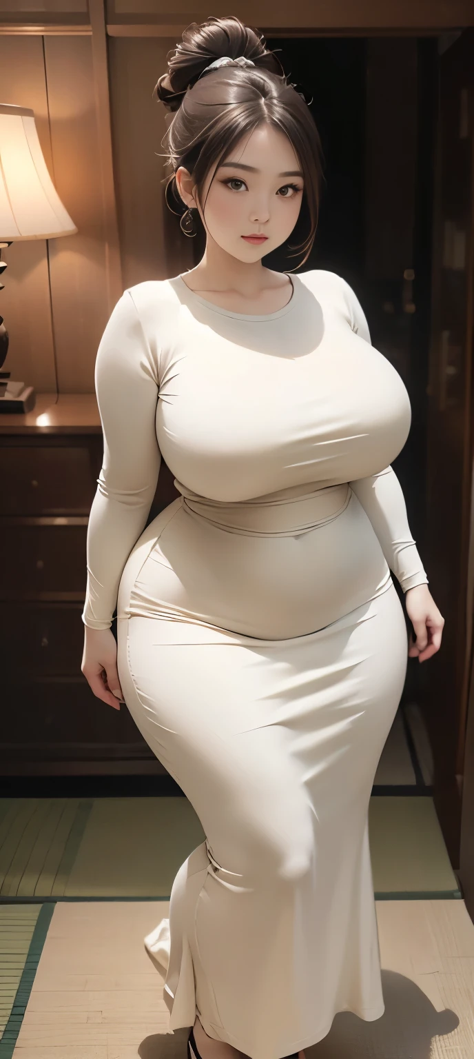 (Masterpiece,High Quality:1.3),(depth of field:1.3) ,((front body:1.35)),  Japanese ,Woman,chignon, Long Sleeve Round neck ,khaki T-shirt Maxi ((Tight)) Dress,(huge breasts:1.35),chubby,(looking at viewer:1.3),(full body:1.2), fat cheeks 