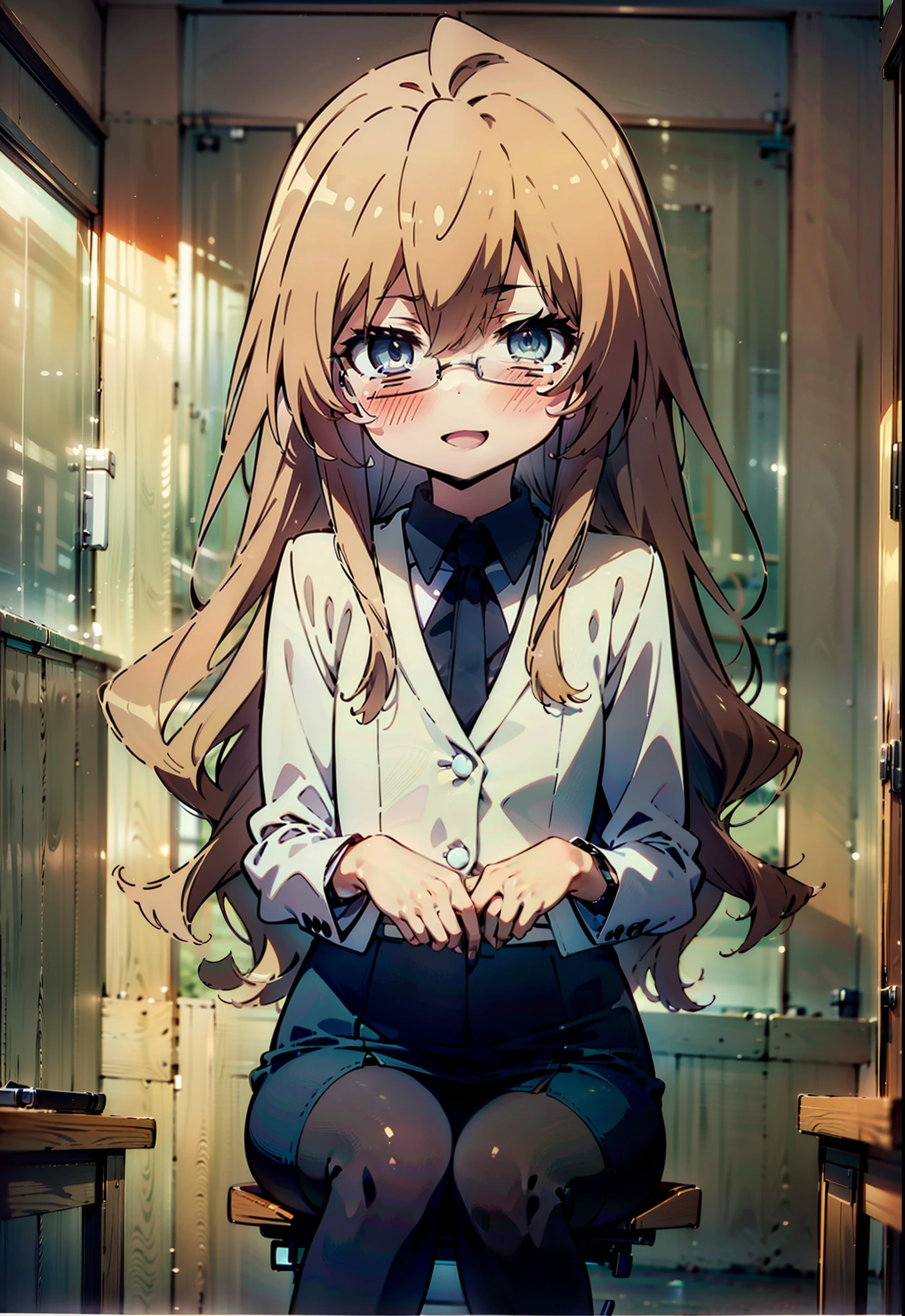  Aisaka Taiga,taiga aisaka,Long Hair, Brown Hair, Brown Eyes,(Flat Chest:1.2),happy smile, smile, Open your mouth,smile,blush,
OL, Akagi Glasses, Black suit jacket, Collared jacket, White dress shirt, Collared shirt, Neckline, button, Black pencil skirt, Black Pantyhose,Stiletto heels,sit cross-legged on a chair,interior,There is a computer on the table,touch typing,It&#39;s as if your whole body is in the illustration., 
break looking at viewer,
break indoors,office, 
break (masterpiece:1.2), highest quality, High resolution, unity 8k wallpaper, (figure:0.8), (Detailed and beautiful eyes:1.6), Highly detailed face, Perfect lighting, Extremely detailed CG, (Perfect hands, Perfect Anatomy),