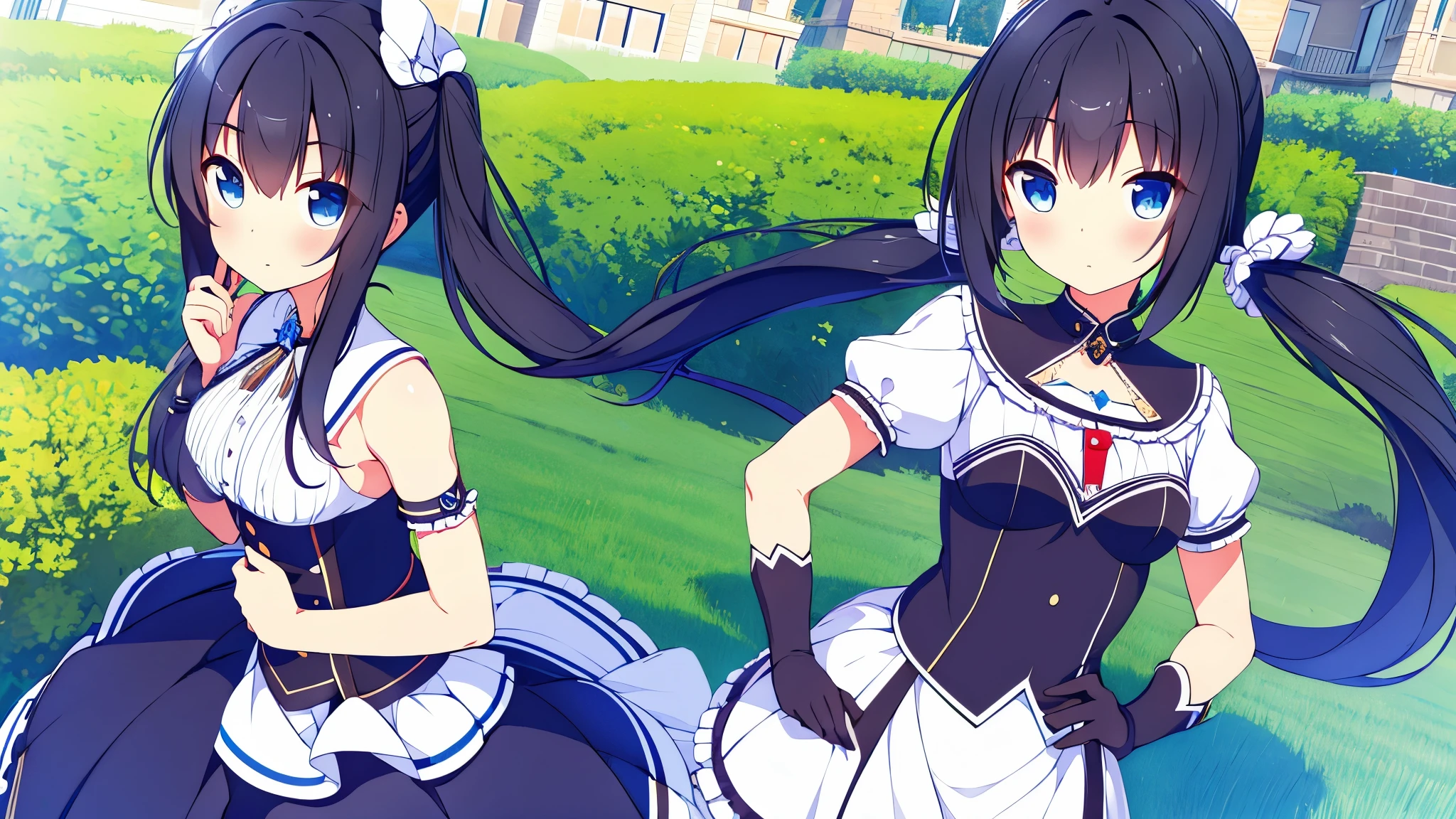 masterpiece, best quality, long hair, twintails, black hair, blue eyes, frilled dress, elbow gloves, outdoors, hand on hip,