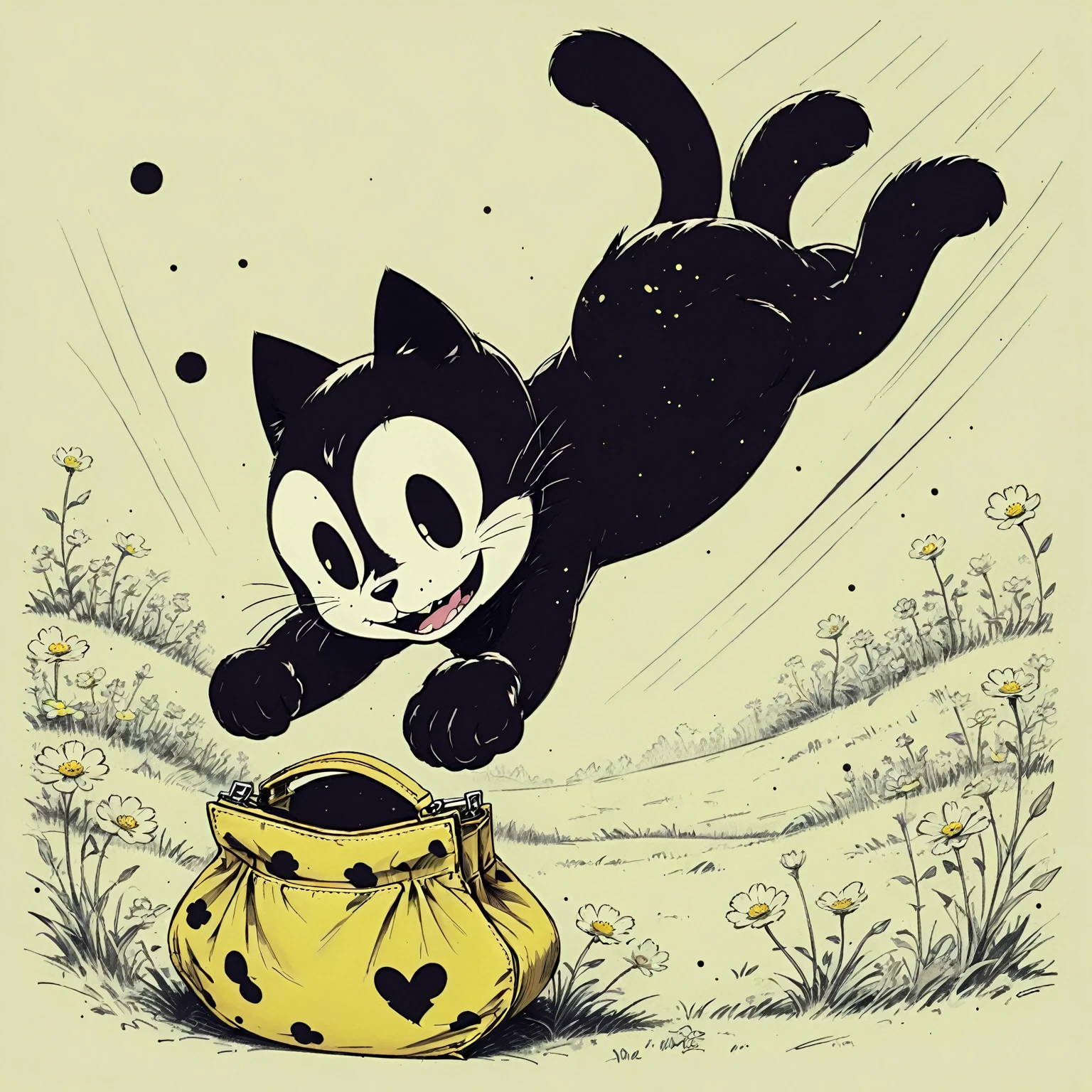 ROYGBIV vivid rich color grading sky background, Felix the Cat gracefully diving through the air into his open yellow bag of tricks on the ground, in a slow meadow, (Felix the cat style reference, An anthropomorphic young black cat with white eyes, a black body, and a giant grin) (Felix's bag is one-of-a-kind satchel, which usually takes the form of a suitcase/carpetbag halfmix, which is yellow with black markings, reveals the pattern to be black dots and near-floral), cel shading, rich color grading, cinematic, wordless, rotoscope hand drawn, expressive bold ink lines,