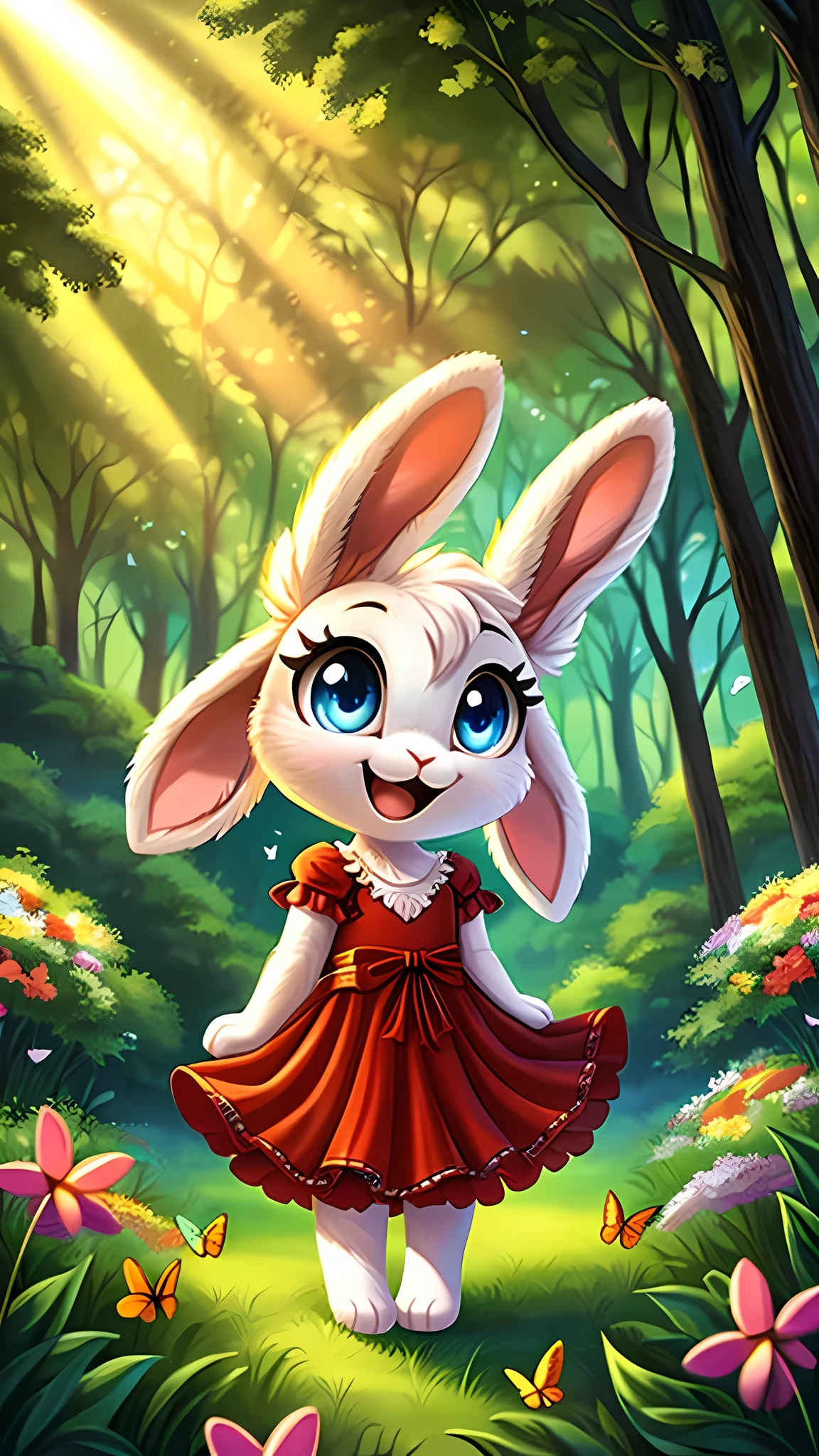zoomed out image, ((solo character)), cute style art, fantasy style art, cute, adorable, short character, small, tiny little fluffy female white bunny with blue eyes, 4 ears, 2 extra ears, big floppy ears, long ears, ears perked up, raised ears, long eyelashes, poofy rabbit tail, wearing a red frilly ribbon dress, smiling, standing in a thick green forest, realistic forest, soft tones, big expressive smile, open mouth, wide eyes, excited eyes, excited face, looking at the scenery, looking at the trees in wonder, exploring happily, stunning visuals, sunlight coming through the trees, flowers scattered in the bushes, butterflies in the air, digital illustration