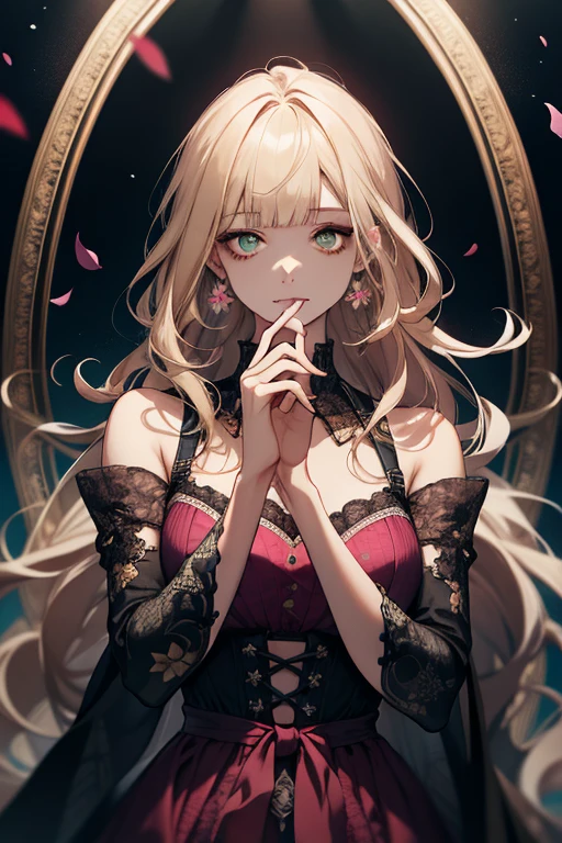 (absurdres, highres, ultra detailed), 1girl, mature female, wavy blonde hair, long hair, blunt bangs, green eyes, pink dress, finely detailed eyes and detailed face, extremely detailed CG unity 8k wallpaper, intricate details, BREAK , kaleidoscopic imagery, symmetrical patterns, vibrant colors, geometric shapes, mesmerizing designs, optical illusions, dynamic composition BREAK , pantomime art, expressive body language, silent storytelling, evocative gestures, visual narratives, theatrical performances BREAK , blooming flowers, colorful petals, fragrant scents, nature's bounty, vibrant gardens, peaceful scenery