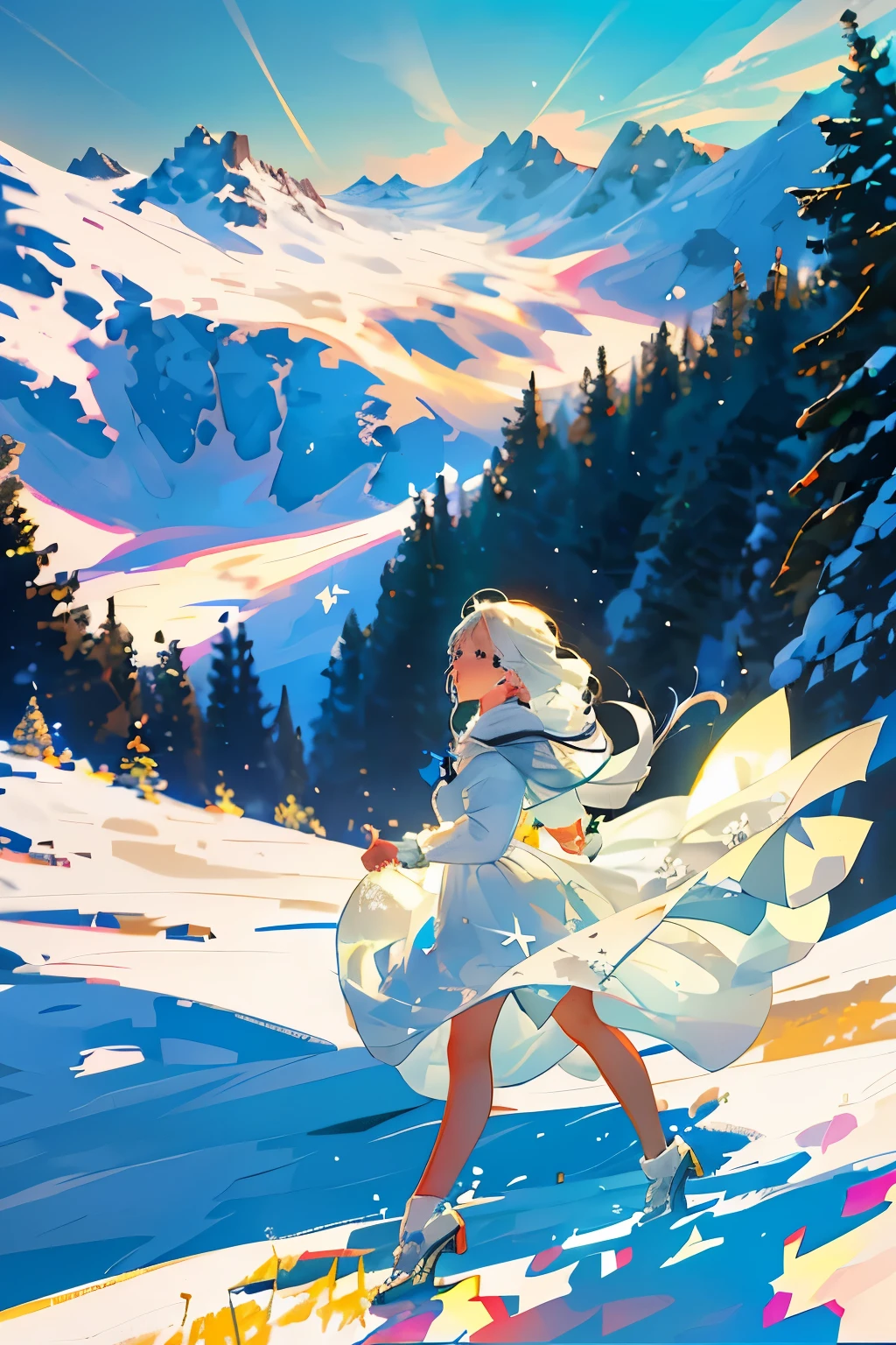 Young Girl: (full\_body:1.4), long\_white\_dress:1.3, runs:1.2, (meadow:1.3), snow\_covered\_mountain:1.3, (distant\_view:1.5), grand:1.2, depressing:1.1, (romantic:1.2), quiet:1.1, manga\_style:1.1, realistic\_style:1.1,
A young girl dressed in a long white gown is depicted in the image, running through a lush meadow under the vast expanse of a snow-covered mountain range. The snow-laden mountains in the background ex