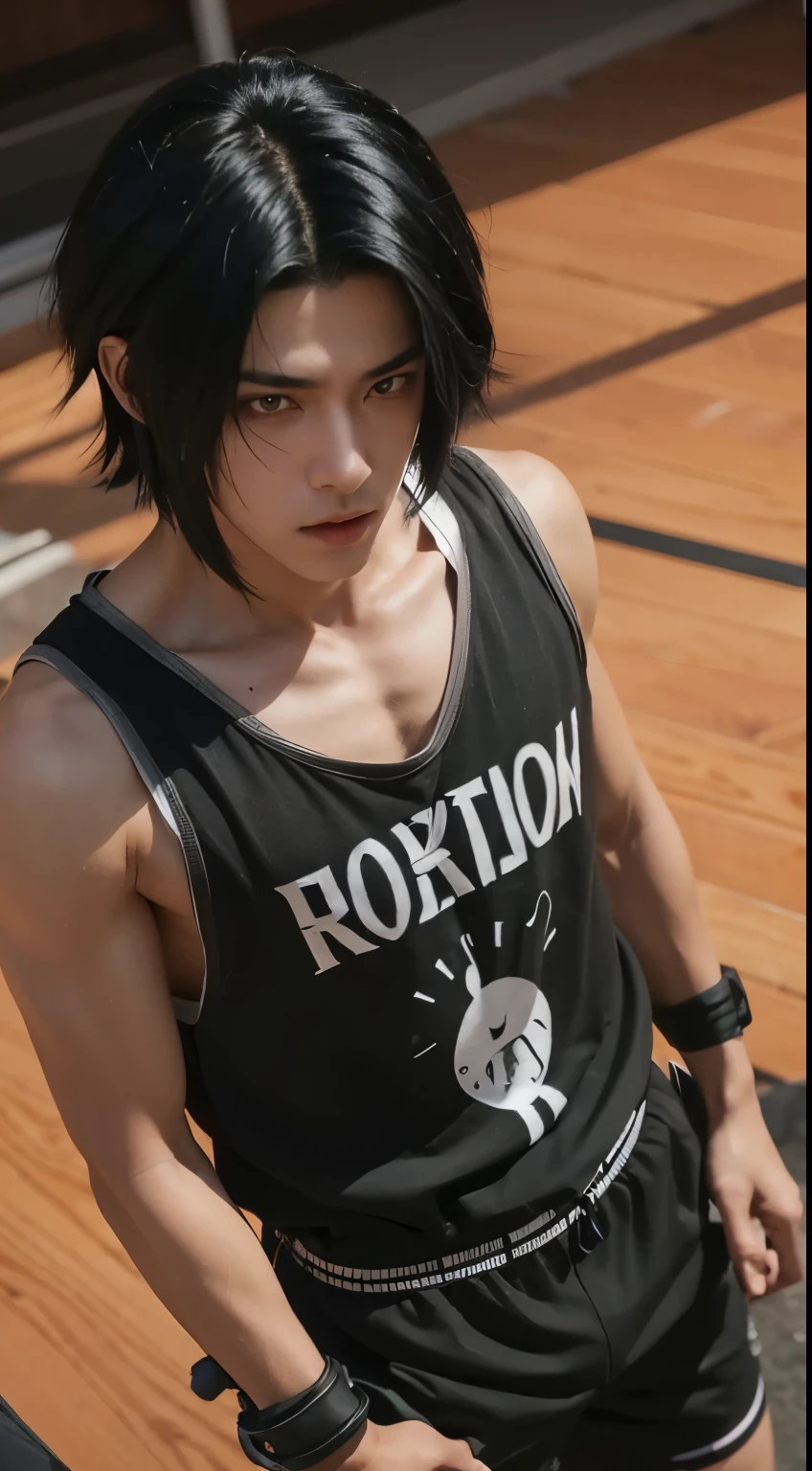 A realistic black hair teenage boy, realistic handsome,Cool expression, black eyes, Sasuke uchiha in Naruto shippuden ,wolf hair cut
