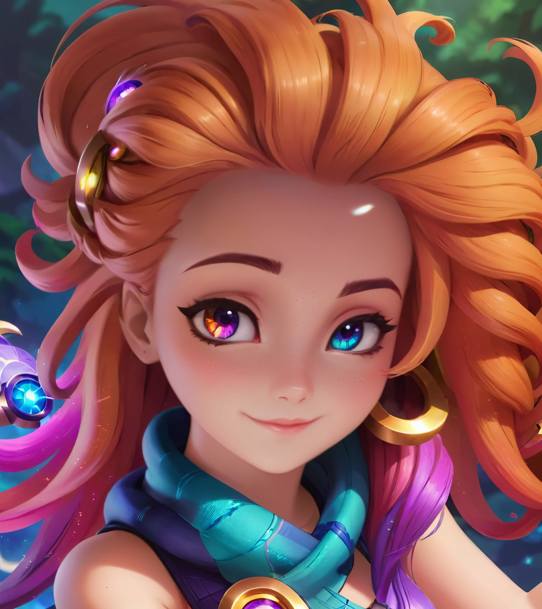 Adorable personaje 3D 1girl zoe, (heterochromia), Cabello largo multicolor, League of Legends, tiro de establecimiento, plano general, 23 year old girl
 , a 23 year old woman,ZIP2D , renderizado 3D, Personaje adorable, Arte 3D