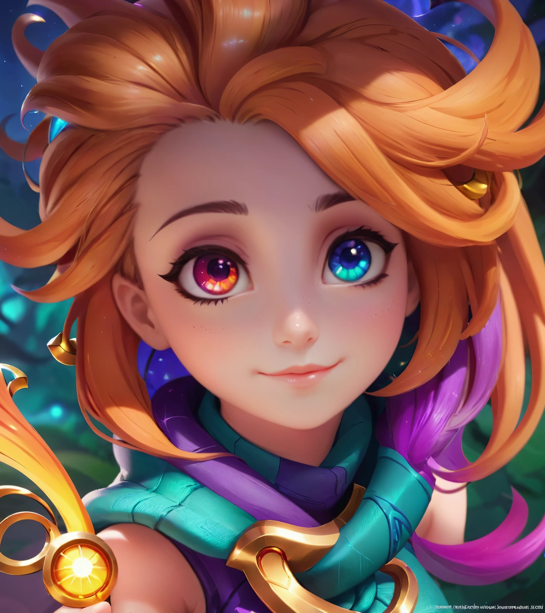 Adorable personaje 3D 1girl zoe, (heterochromia), Cabello largo multicolor, League of Legends, tiro de establecimiento, plano general, 23 year old girl
 , a 23 year old woman,ZIP2D , renderizado 3D, Personaje adorable, Arte 3D