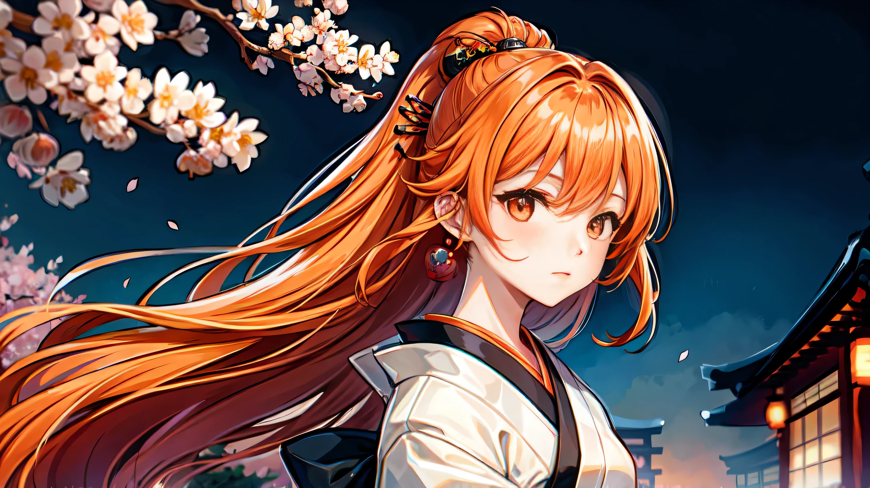 1 girl,orange hair,long hair (sketch:1.2),High definition, (midnight:1.4),(Japanese style:1.4),cherry blossoms,princess