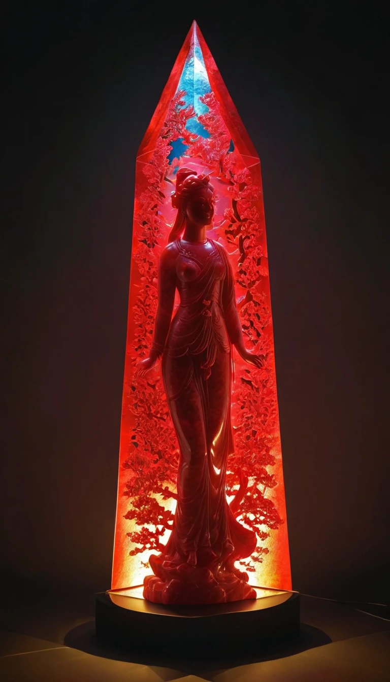 red jade ruby carved, modern style fashionable girl, exhibit, sculpture, detailed features, vibrant colors, studio lighting, artistry, dynamic blur, triangular light and shadow, light panel, glare