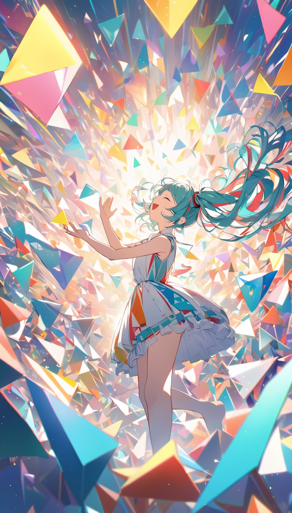 (Hatsune_Miku:1.3), whole body, standing, opened mouth, closed eyes, Side view of the face, looking diagonally upward, singing, smiling, colorful dress, surrounded by colorful triangular particles, simple background, white background, ultra detailed, 8k