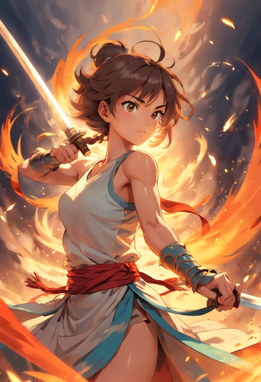 (best quality,high resolution,masterpiece:1.2),Super detailed,Practical,Clear focus,Studio Lighting,Physically Based Rendering,portrait,HDR,Bright colors,Dynamic,yin-yang symbolism,Antique Chinese style,Blazing sword,battlefield,Fierce expression,Dynamic poses,Sparks Fly,adrenaline,Destiny Arena,Traditional martial arts moves,A strong and agile warrior,Superb swordsmanship,Spin and slash,From their swords radiated fiery energy,Fast and precise strikes,endless determination,Visible sweat and fatigue,Tense atmosphere,Audience cheering backstage,Warm applause,Cloud of dust and smoke,Backlit fighter,High contrast lighting,Fast-paced combat,Dramatic tension,Heart rate,Emotional Depth,Colorful clothing,Flowing fabric,rippling muscles,Scarred face,Scratched Armor,Champions Arena