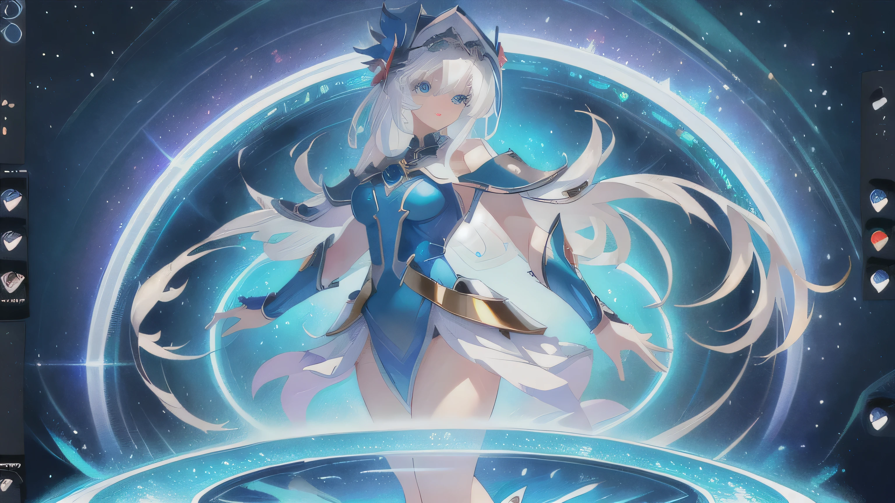 (best quality, masterpiece:1.2), ultra-detailed, realistic, highres, 8k, CG unity, (best quality), (best illustration), (best shadows), surreal, photorealistic, abyss, beautiful detailed radiance, card game king, humanized blue-eyes white dragon, white-haired girl, one woman, blue eyes