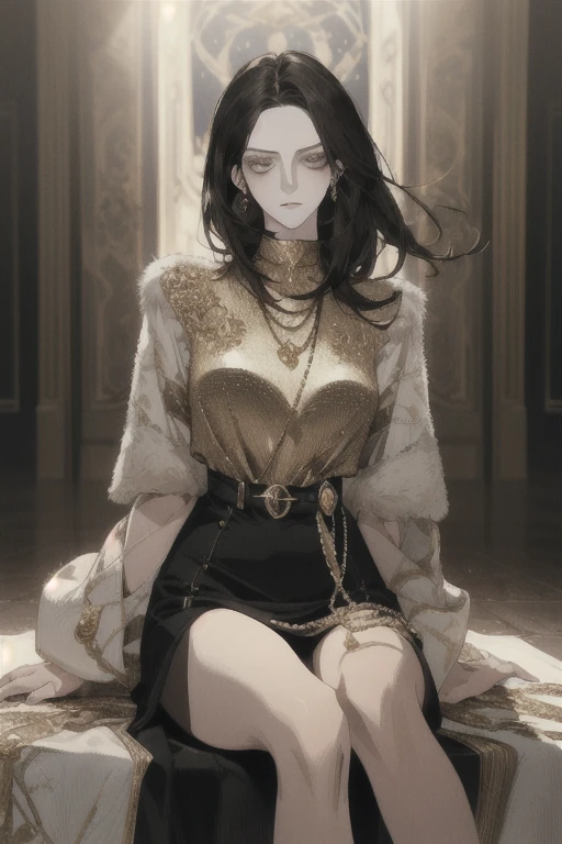 (best quality, masterpiece), 1girl, fashion clothes, gucci, model, fine details on face, elegant, fashion, whole body, legs showing, amazing details, movie light, jewelry, gold, light eyes, (dark circles), designer clothes, neutral colors, dark hair, indirect light, (black hair), detailed face, serious look, mouth half-open