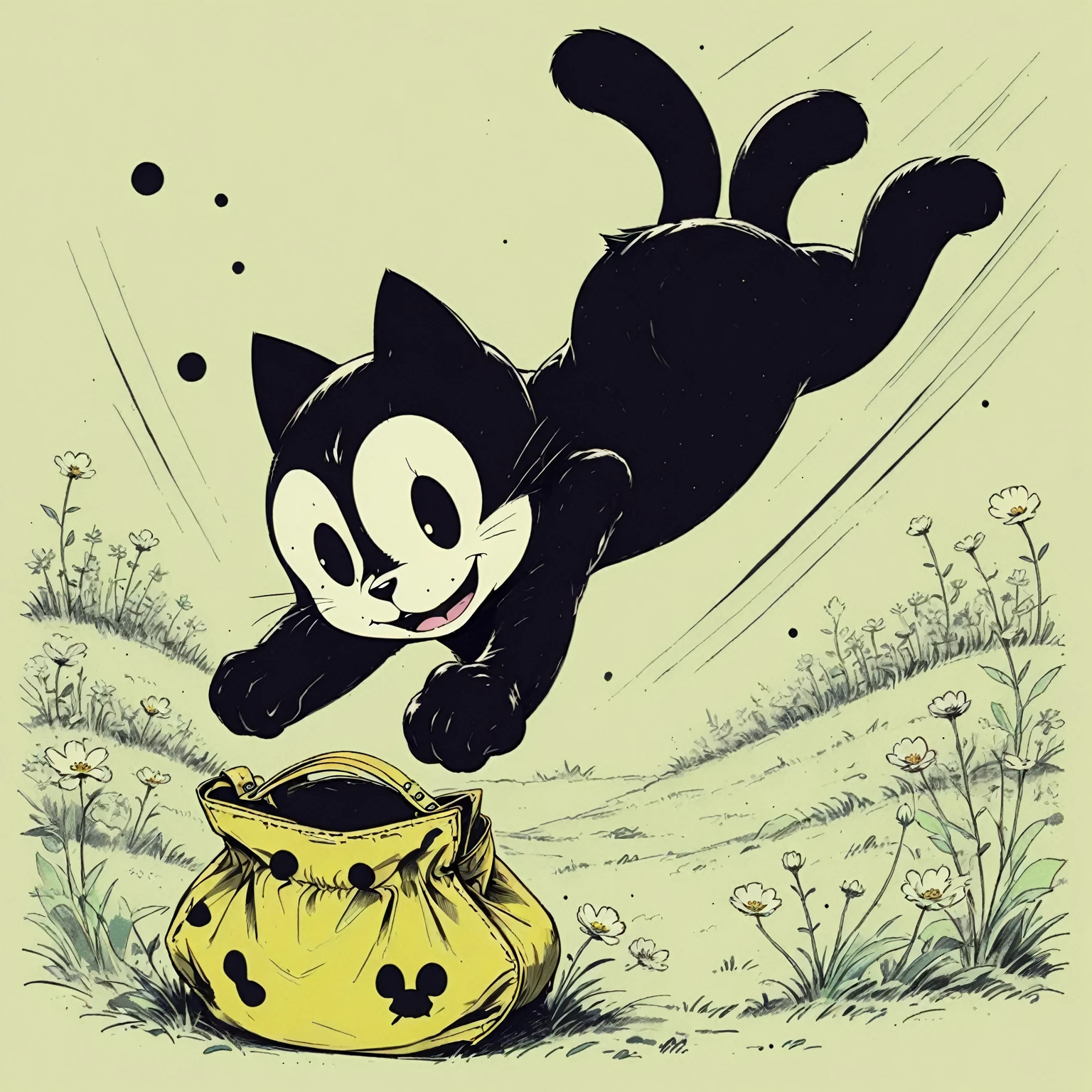 ROYGBIV vivid rich color grading sky background, Felix the Cat gracefully diving through the air into his open yellow bag of tricks on the ground, in a slow meadow, (Felix the cat style reference, An anthropomorphic young black cat with white eyes, a black body, and a giant grin) (Felix's bag is one-of-a-kind satchel, which usually takes the form of a suitcase/carpetbag halfmix, which is yellow with black markings, reveals the pattern to be black dots and near-floral), cel shading, rich color grading, cinematic, wordless, rotoscope hand drawn, expressive bold ink lines,
