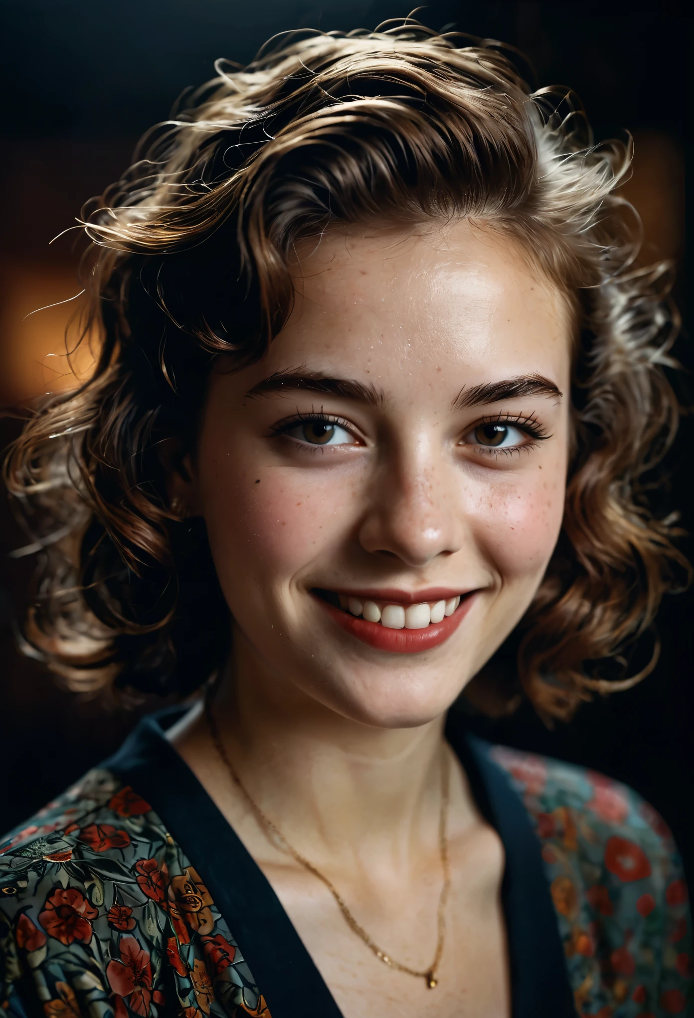 (close-up, editorial photograph of a 20 yo woman from the 1940's), (highly detailed face:1.4) (smile:0.7) (background inside dark, moody, private study:1.3) POV, by lee jeffries, nikon d850, film stock photograph ,4 kodak portra 400 ,camera f1.6 lens ,rich colors ,hyper realistic ,lifelike texture, dramatic lighting , cinestill 800,