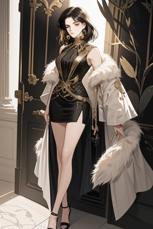 (best quality, masterpiece), 1girl, fashion clothes, gucci, model, fine details on face, elegant, fashion, whole body, legs showing, amazing details, movie light, jewelry, gold, light eyes, (dark circles), designer clothes, neutral colors, dark hair, indirect light, (black hair), detailed face, serious look, mouth half-open