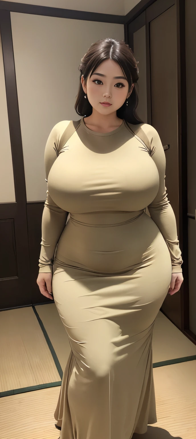 (Masterpiece,High Quality:1.3),(depth of field:1.3) ,((front body:1.35)), Japanese ,Woman,chignon, Long Sleeve Round neck ,khaki T-shirt Maxi ((Tight)) Dress,(huge breasts:1.35),chubby,(looking at viewer:1.3),(full body:1.2), fat cheeks