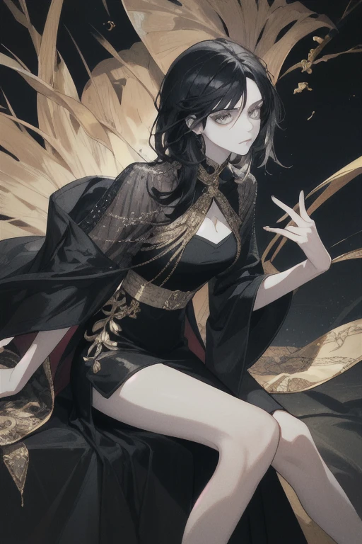 (best quality, masterpiece), 1girl, fashion clothes, gucci, model, fine details on face, elegant, fashion, whole body, legs showing, amazing details, movie light, jewelry, gold, light eyes, (dark circles), designer clothes, neutral colors, dark hair, indirect light, (black hair), detailed face, serious look, mouth half-open
