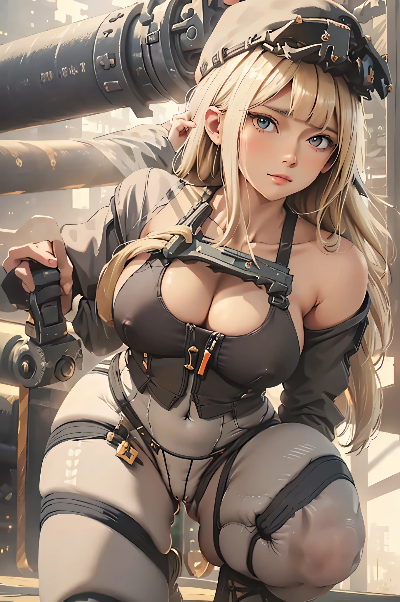 (masterpiece:1.2, highest quality), (realistic, photorealistic:1.4), beautiful illustrations, (natural side lighting, movie lighting), Depth of written boundary, looking at the viewer, (face focus, Upper body), Front view, 20 years old, perfect face, Cute symmetrical face, regretful expression, shiny skin, long eyelashes chest, thin, beautiful hair, beautiful face, fine and beautiful droopy eyes, beautiful clavicle, beautiful body, beautiful breasts, beautiful thighs, beautiful feet, beautiful fingers, 1girl, solo, (blond long hair:1.5), (blunt bangs), (white skin color), blush, hiding in the city of battle ground, see-through white shirt, short shirt, yoga pants, (cameltoe:1.5), backwards baseball cap, kneeling, spread legs, looking at viewer, from below, (hold a armament in the form of a device capable of launching a rocket:1.5), movie seen