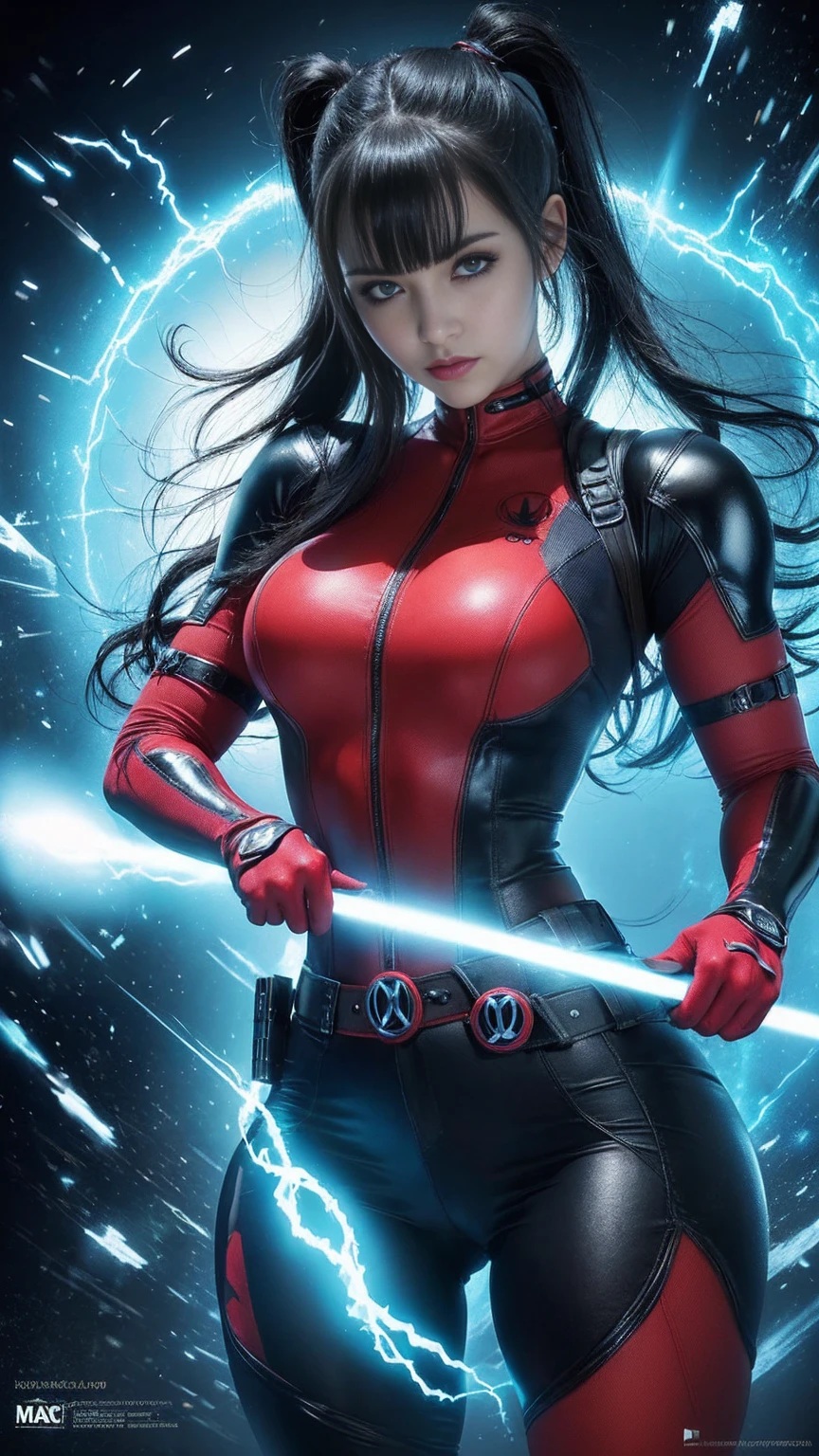 ((mejor calidad)), ((obra maestra)), (detallado: 1.4), ..3D, una imagen de una hermosa mujer ojos azules con traje de Deadpool con cabello grueso Pechos grandes con disparos y cola grande y voluminoso, light particules, Pure energy, caos, antitech, HDR (High Dymanic Range), Trazado de rayos ,NVIDIA RTX, Super-Resolutio