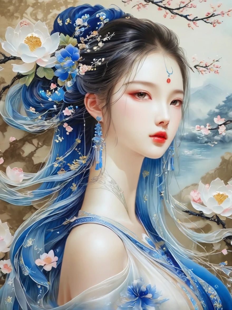 embroidery, Three-dimensional embroidery, (A gorgeous blue Suzhou embroidery picture hangs on the wall）, blue and white petals, Silk material embroidery, The inspiration for Yao Jianping's Su embroidery dream, semi transparent, abundant cleavage, painting on silk, alcohol ink art