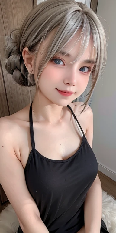 1girl, , , grey hair,silver messy bun hairstyle, blue eyes, attractive, seductive, sit cross legged, tshirt, sleeveless, smiling sweet, smiling,bare Belly, collarbone, , detailed face, detailed eyes, raised arms,body slim, shiny skin, looking at the audience, (8k, RAW photo, best quality, masterpiece: 1.2), (realistic, realistic: 1.37), ultra-high resolution,  