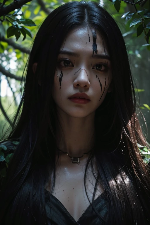 height,Portrait,dark light,swampy forest,beautiful girl,fierce natives,Awesome atmosphere.,ominous shadow,ethnic jewelry,Helpless victims,bright colors,Creepy scene,greenery greenery,Detailed facial features,Fierce eyes,Long, flowing hair,painted face,The fear in her eyes,tribal mark,Close to change,suspense,abandoned doll,Awesome numbers.,Awesome expression.,lonely,mesmerizing beauty,Wet and muddy environment,distant nature sounds,Surreal atmosphere,An unforgiving wilderness,tension in the air,growing vines,invisible danger,การต่อสู้อันlonely,Stuck in a nightmare,withered tree,A piercing scream,Escape potential,Desperation in her movements,Proportion like a toy,Premonition of fate,An ominous ritual