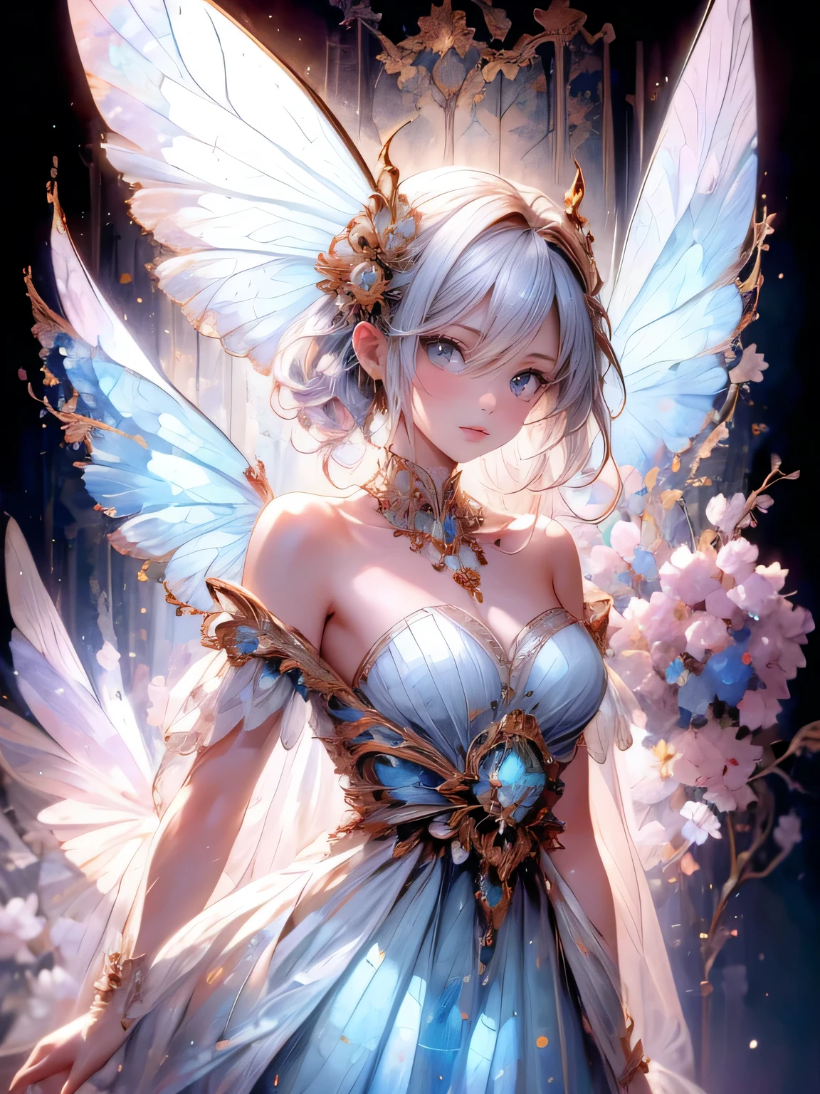 masterpiece, highest quality, 8k, highres, beautiful highest details, moon light, butterfly spirit, sheer dress, off shoulder, strapless, tears, rainbow butterfly wings, flying sky, butterfly tattoo, 