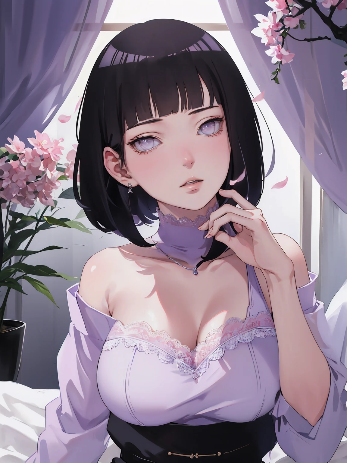 { - anatomy error} (Masterpiece - Ultra-detailed, very high resolution) (huge titusty, masterpiece, absurdres, hinata\(boruto\), 1girl, solo,mature female, off-shoulder bra, high waist black short skirt, looking at viewelling petals), perfect composition, detailed lips, big breast, beautiful face, body propotion, blush, (pink lips), short hair, (black hair), purple eyes, soft gaze, super realistic, detailed, photoshoot, realistic face and body, closed mouth, sitting on the bed , lilac eyes, upper body, lace clothes, backwards, looking back, with chin resting on shoulder, perfect fingers