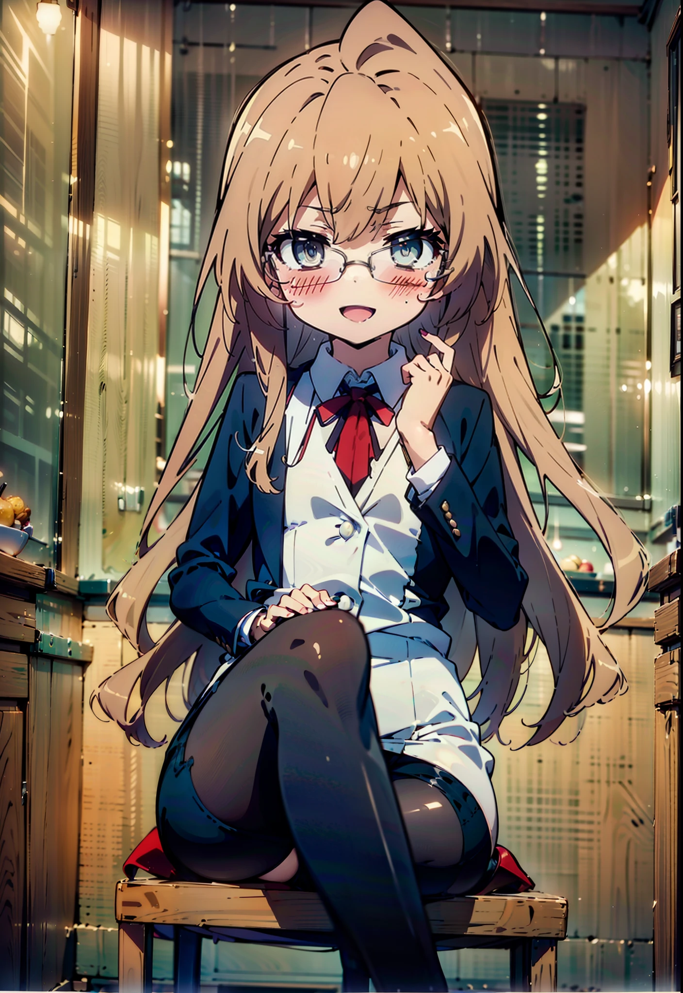  Aisaka Taiga,taiga aisaka,Long Hair, Brown Hair, Brown Eyes,(Flat Chest:1.2),happy smile, smile, Open your mouth,smile,blush,
OL, Akagi glasses, Black suit jacket, Collared jacket, White dress shirt, Collared shirt, Neckline, button, Black pencil skirt, Black Pantyhose,Stiletto heels,sit cross-legged on a chair,interior,There is a lot of food on the table,It&#39;s as if your whole body is in the illustration., 
break looking at viewer,
break indoors,Coffee shop, 
break (masterpiece:1.2), highest quality, High resolution, unity 8k wallpaper, (figure:0.8), (Detailed and beautiful eyes:1.6), Highly detailed face, Perfect lighting, Extremely detailed CG, (Perfect hands, Perfect Anatomy),